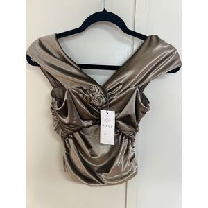 WAYF Women Champagne Taupe Metallic Rosette Ruched Off Shoulder Top Small NWT